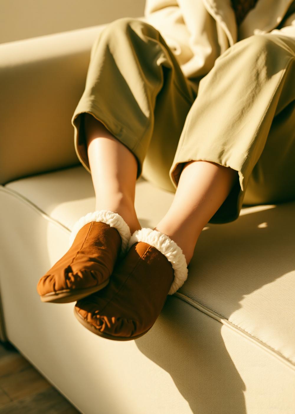 Knit slippers worn on a linen sofa in warm daylight